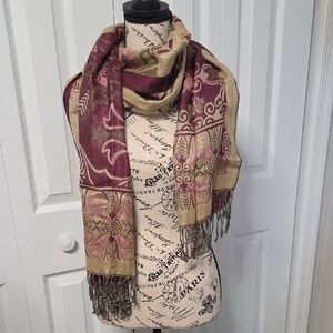 Large Reversible Burgundy & Gold Scarf with Fringe